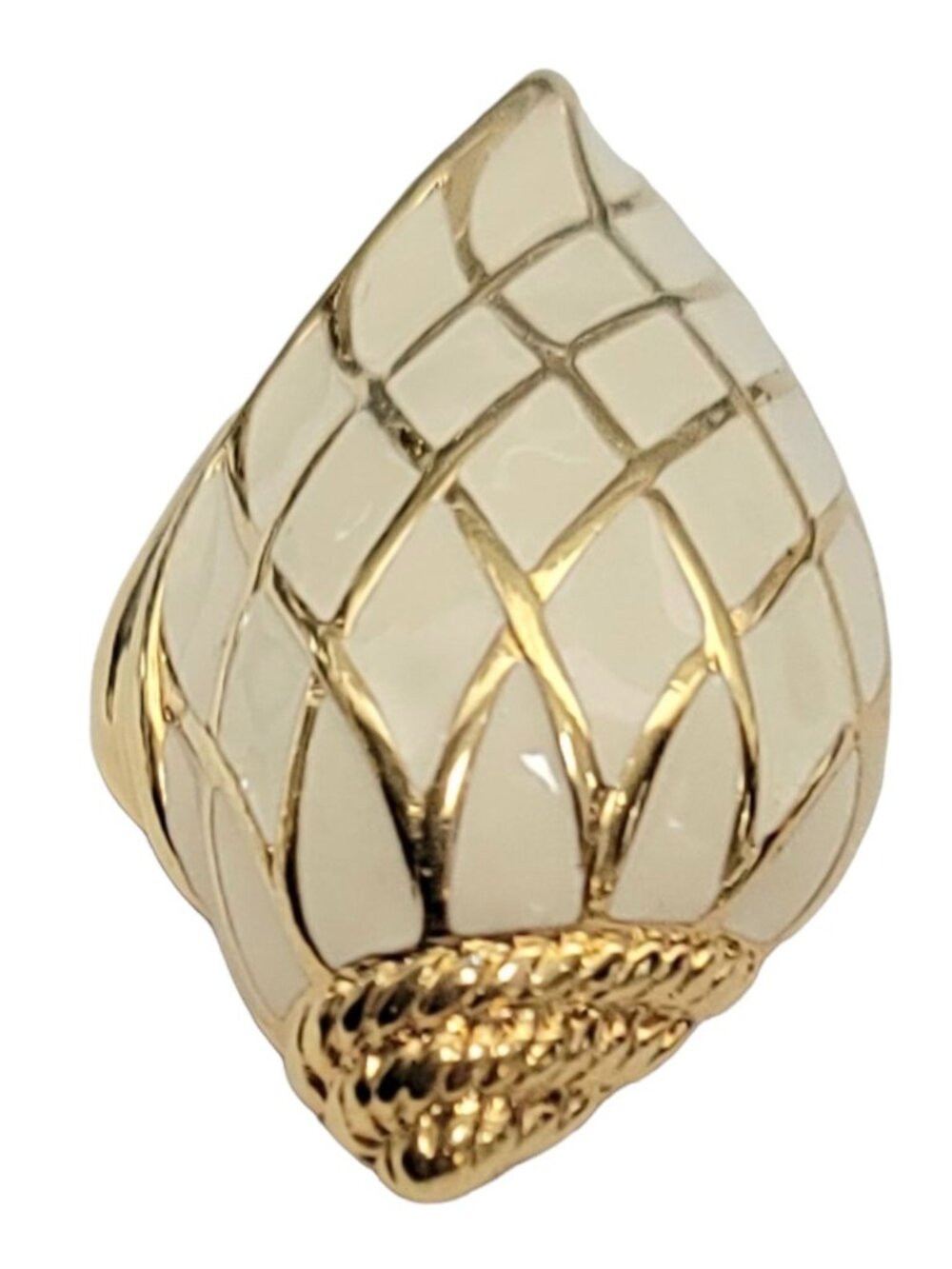 Trifari 1980s Cream And Gold Seashell Enamel Pin Brooch, Signed